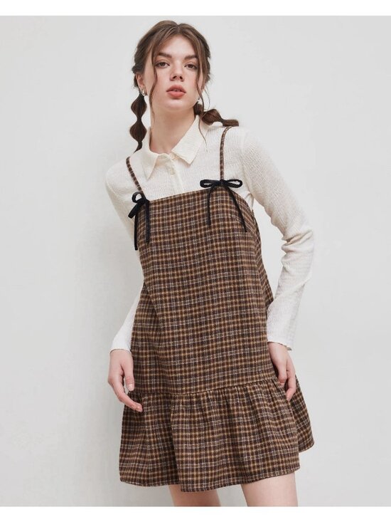 Cider Dresses & Skirts - New Cider Women’s Size medium Brown Plaid Ruffle Bowknot Babydoll Mini Dress